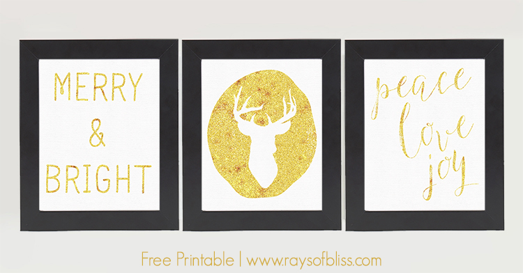Gold Christmas Art Printables 8x10. Free Set of 3 Art Prints